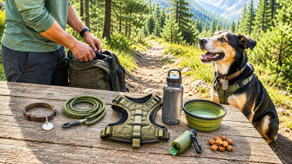 Dog hiking gear laid out on a trailside picnic table: collar, ID tag, rope leash, harness, water bottle, collapsible bowl, waste bags, and treats.