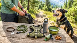 Dog hiking gear laid out on a trailside picnic table: a collar with an ID tag, a rope leash, a harness, a water bottle, a collapsible bowl, a waste-bag dispenser and treats, with a dog waiting beside them.
