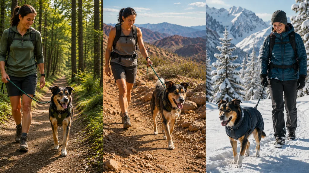 Dog hiking with its owner in three conditions: an easy forest trail with basic gear, a hot rocky trail without boots, and a snowy trail where the dog wears an insulated coat.