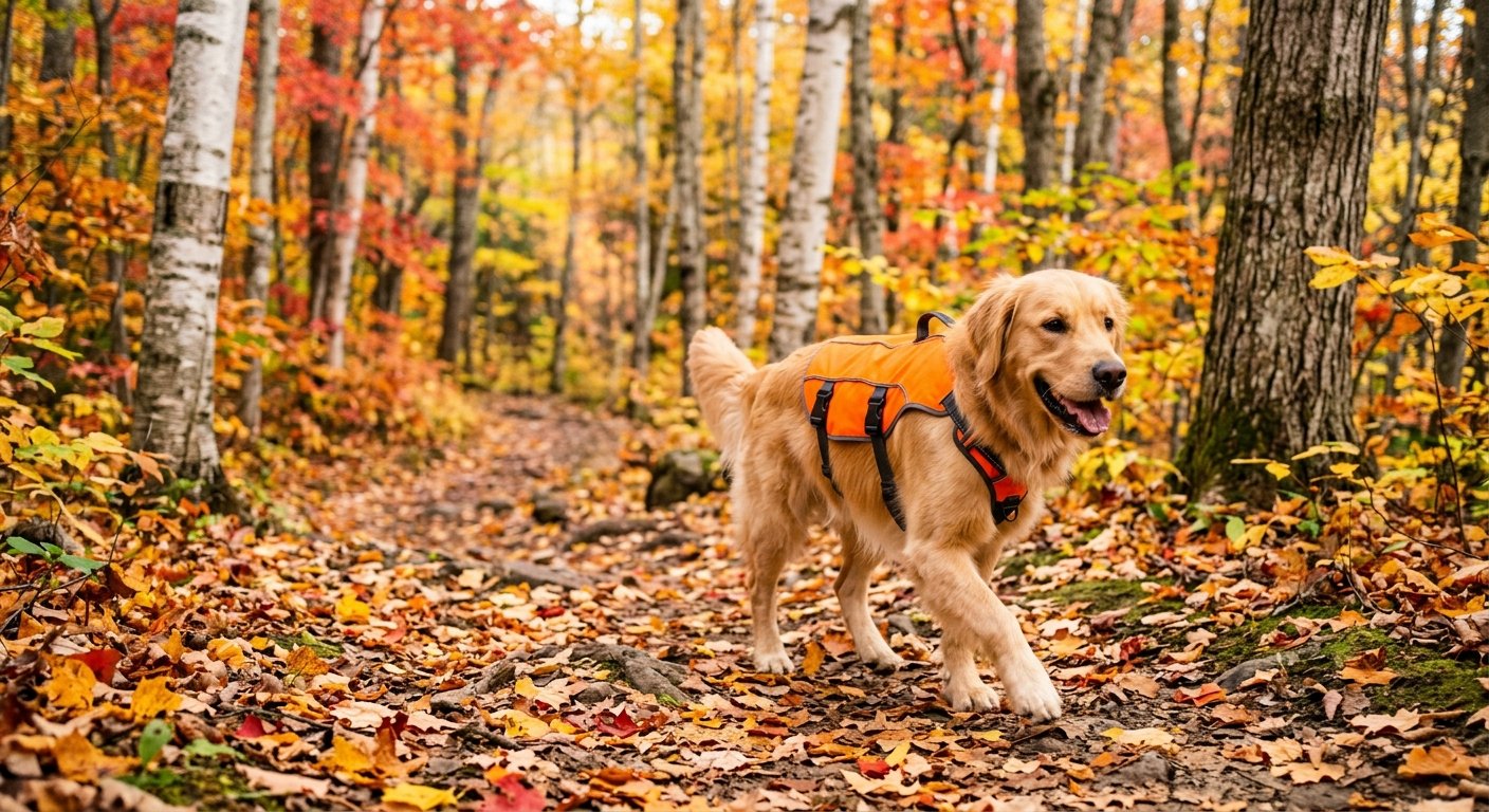 A dog wearing a blaze orange high-visibility vest on an autumn forest trail.