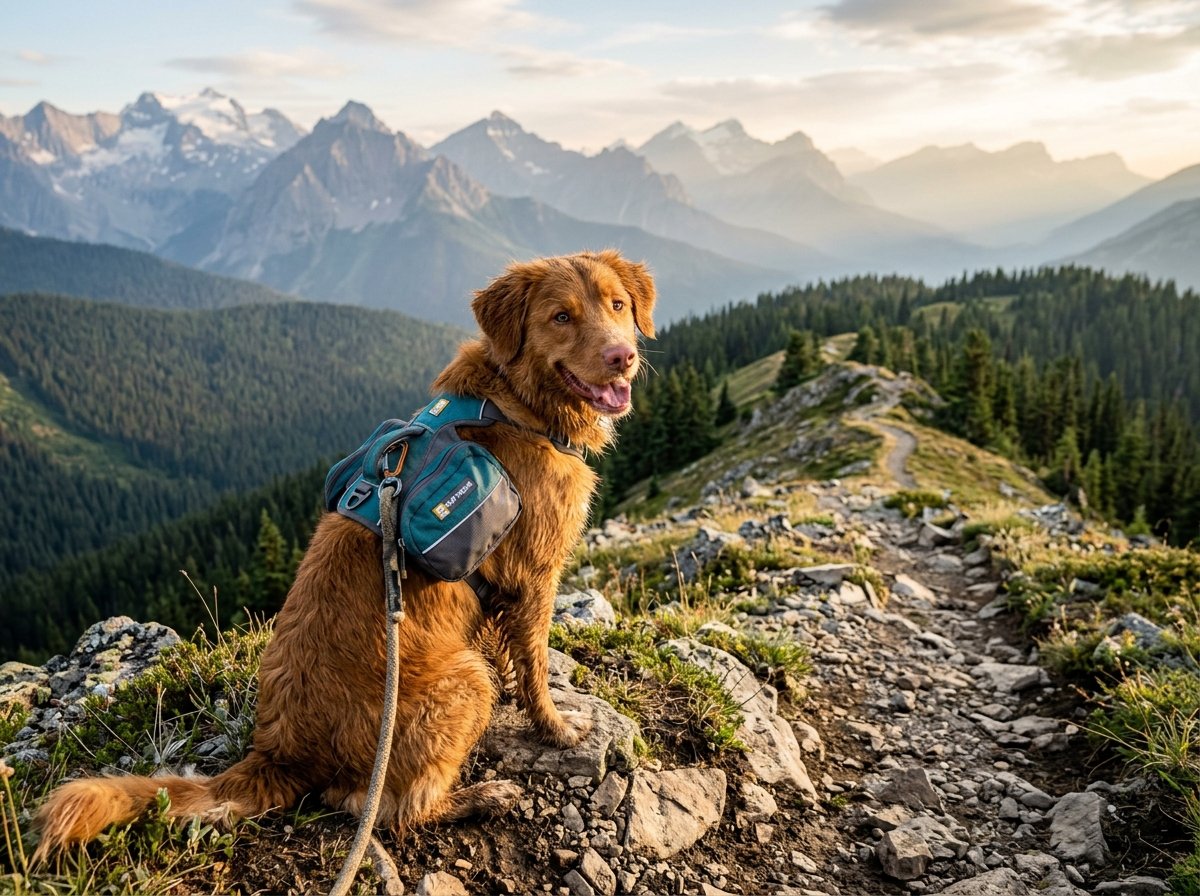 A golden retriever wearing a hiking harness with gear packs resting on a scenic alpine ridge trail overlooking mountain peaks.