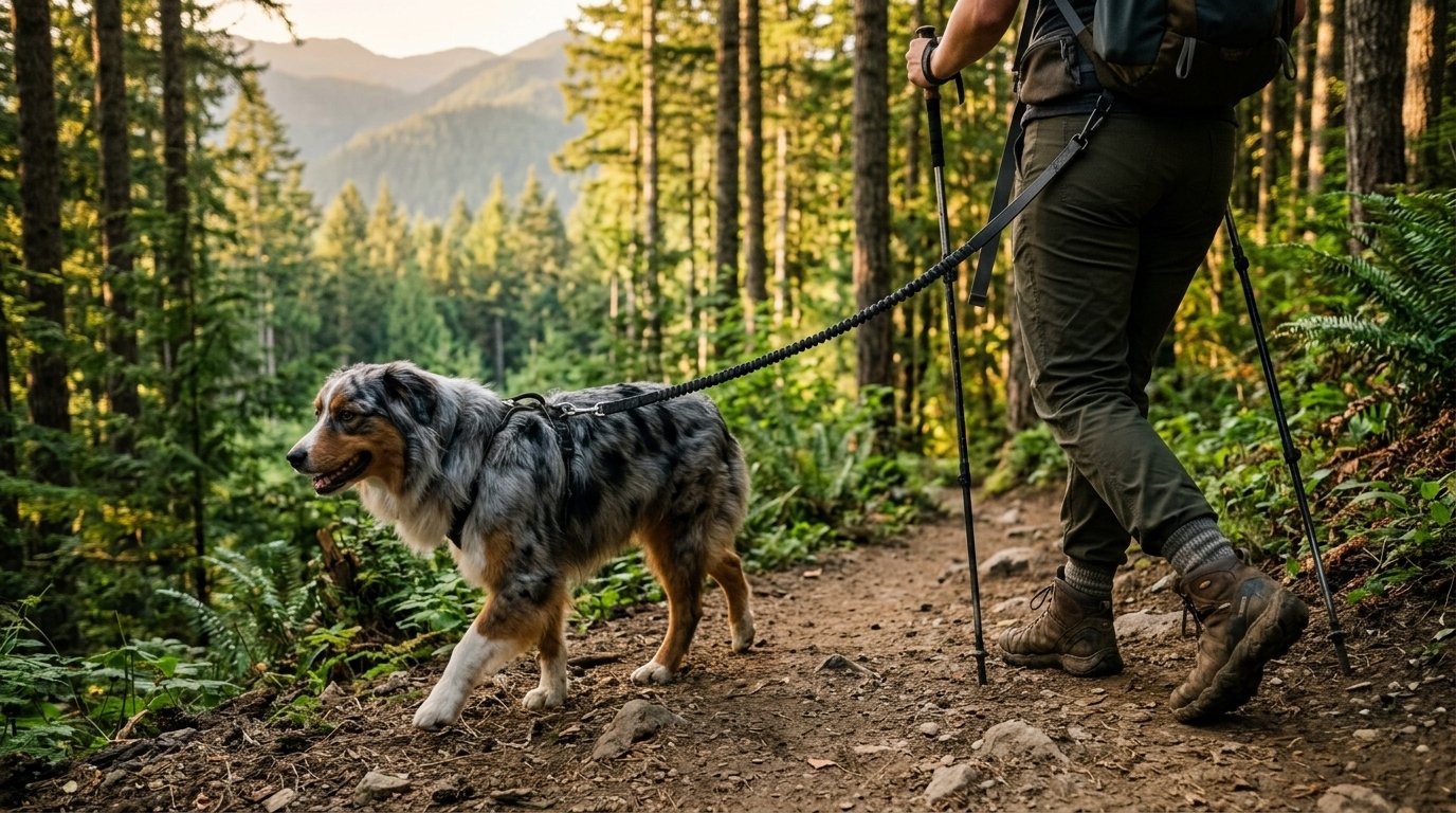 An Australian Shepherd hiking along a forest trail connected to a hiker wearing a hands-free waist leash.