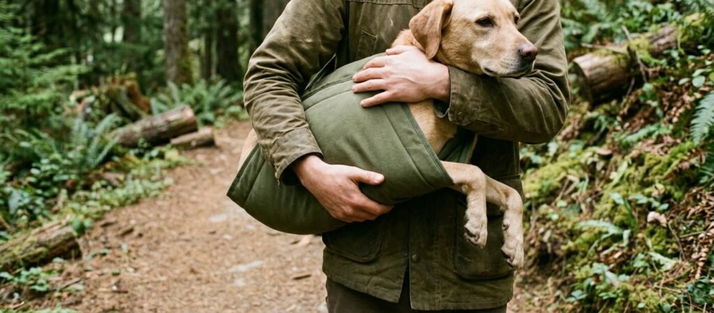 A hiker's arms cradle a Labrador retriever supported in a padded fabric emergency sling on a forest hiking trail.