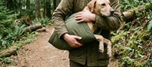 A hiker's arms cradle a Labrador retriever supported in a padded fabric emergency sling on a forest hiking trail.