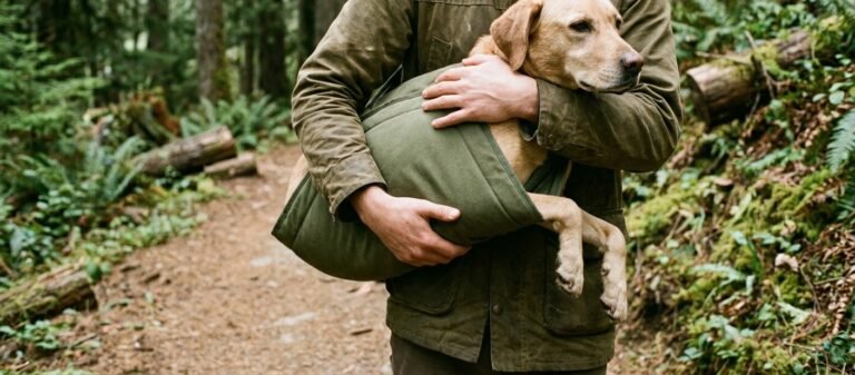 A hiker's arms cradle a Labrador retriever supported in a padded fabric emergency sling on a forest hiking trail.