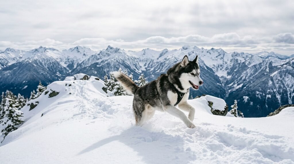 A Siberian Husky with a thick natural double coat runs through deep snow on an alpine ridge, with snow-covered peaks behind.