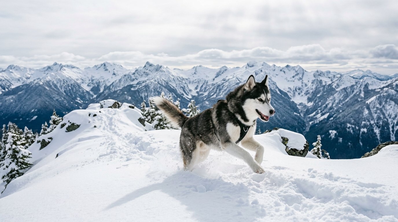 A Siberian Husky with a thick natural double coat runs through deep snow on an alpine ridge, with snow-covered peaks behind.